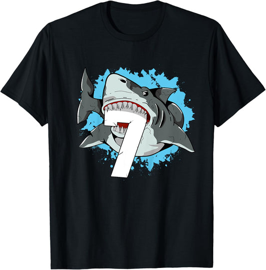 Shark 7th Birthday Boy 7 Seven Shark Theme Party T-Shirt - T-Shirt | Black