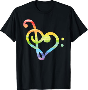 Watercolor Treble And Bass Clef Heart Rainbow T-Shirt - T-Shirt | Black