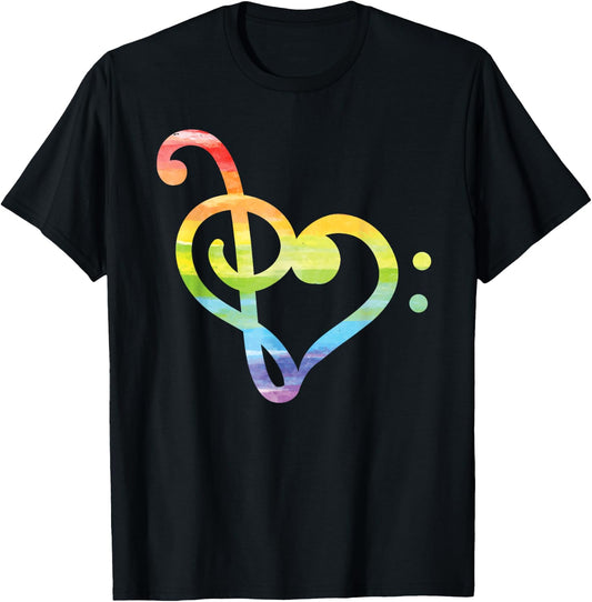 Watercolor Treble And Bass Clef Heart Rainbow T-Shirt - T-Shirt | Black