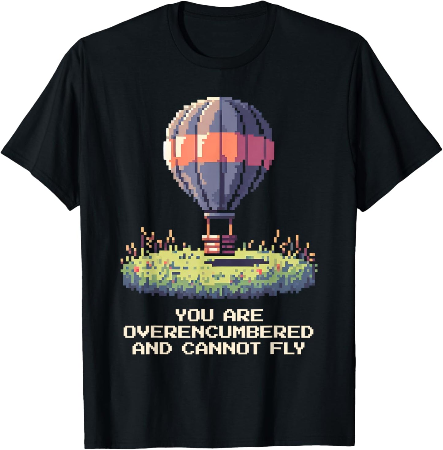 Overencumbered: Can’t Fly | Hot Air Balloon Pixel Art T-Shirt - T-Shirt | Black