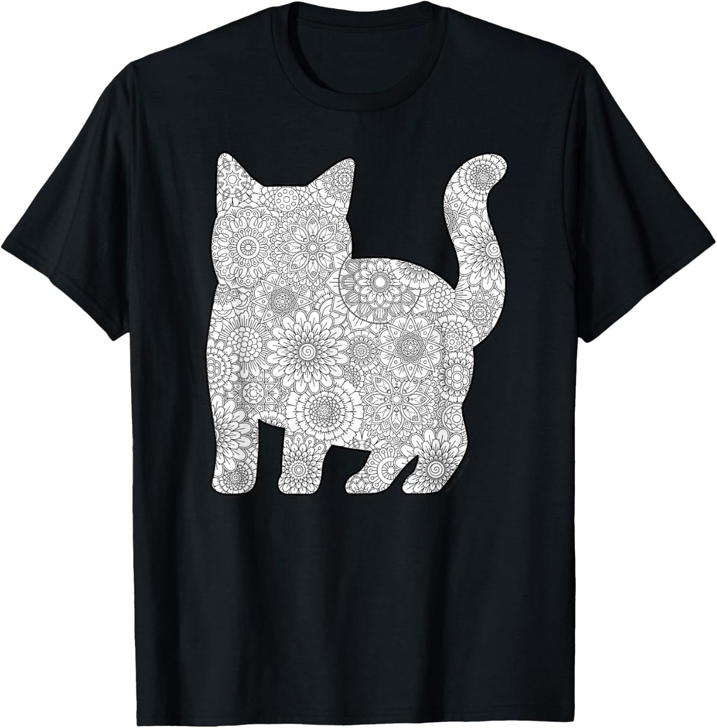 Adult Coloring Book - CAT Mandala Flowers T-Shirt - T-Shirt | Black