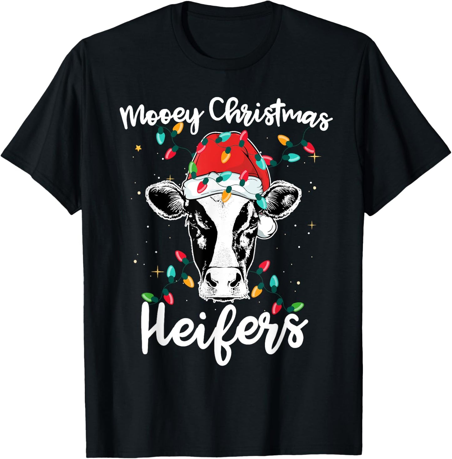 Mooey Christmas Heifers Santa Xmas Lights Cow Lovers T-Shirt - T-Shirt | Black