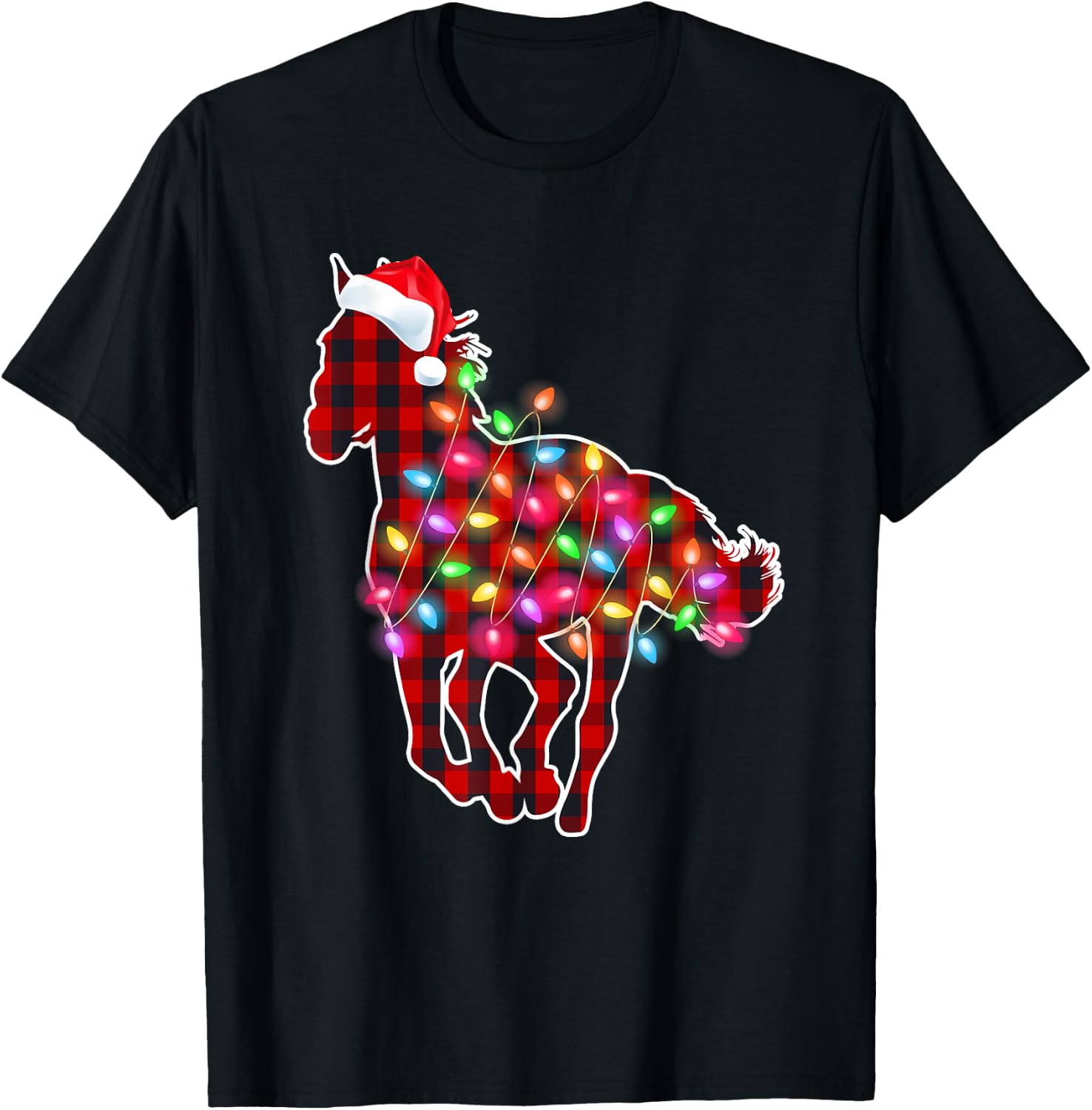 Plaid Buffalo Horse Christmas Pajamas Xmas Lights Women Girl T-Shirt - T-Shirt | Black