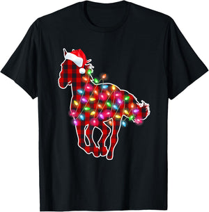 Plaid Buffalo Horse Christmas Pajamas Xmas Lights Women Girl T-Shirt - T-Shirt | Black