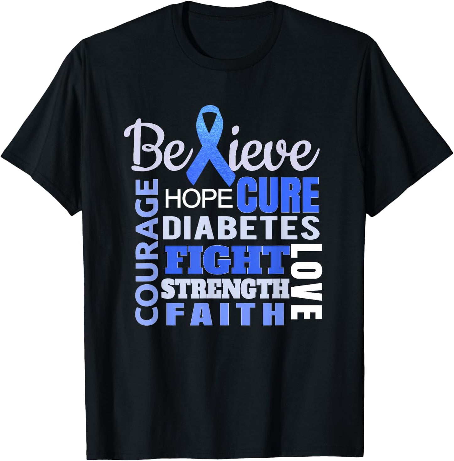 Diabetes Awareness T Shirt Blue Ribbon Diabetes Word Shirt T-Shirt - T-Shirt | Black