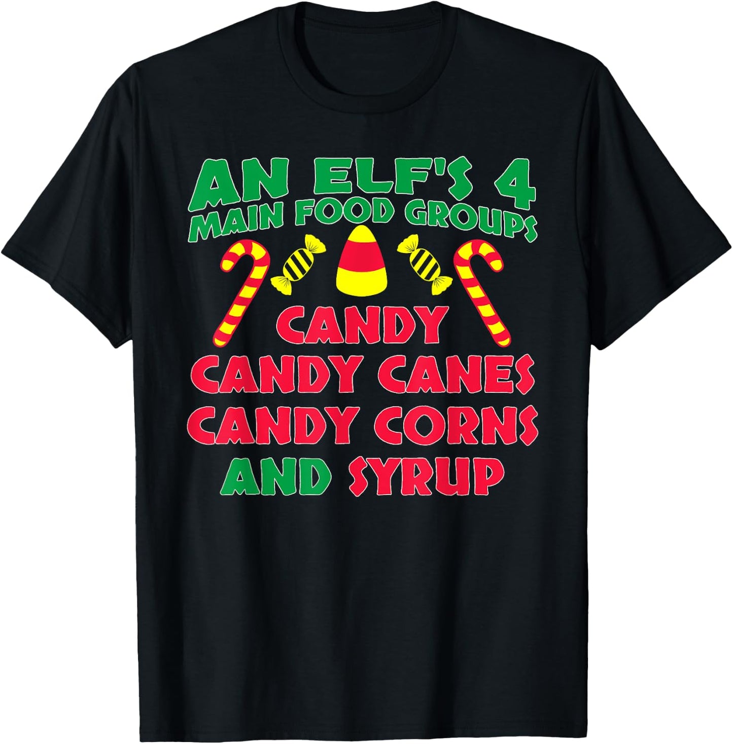 An Elf's 4 Main Food Groups Funny Cute Christmas T-Shirt - T-Shirt | Black