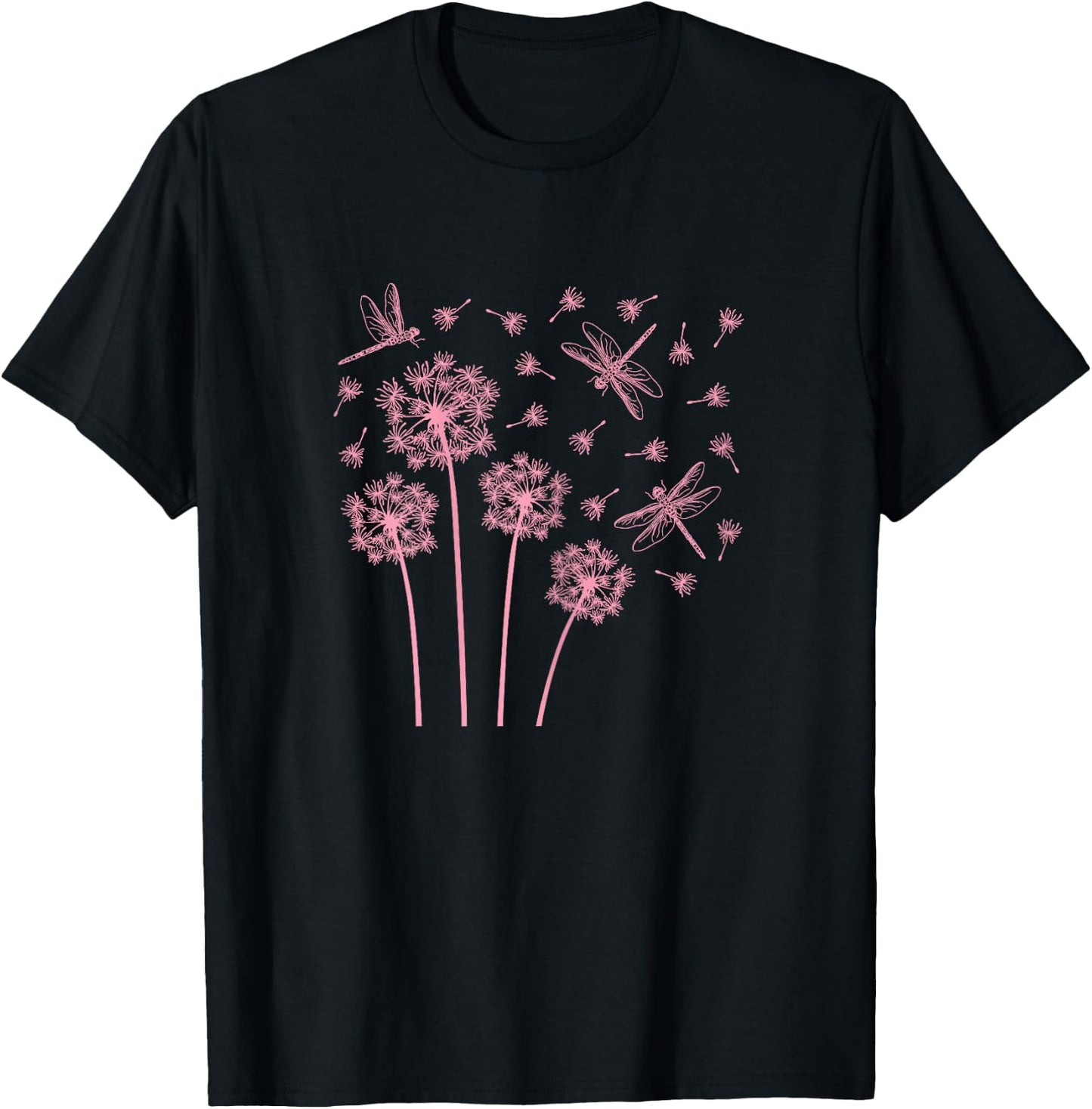 Pink Dandelion Flower Dragonfly Wildflower Women Girls T-Shirt - T-Shirt | Black