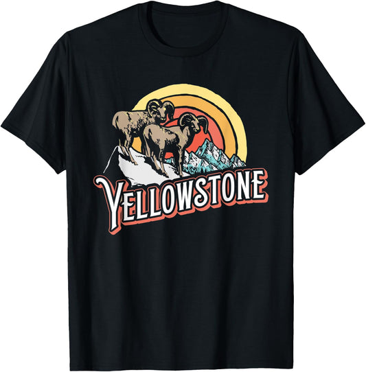 Vintage Big Horned Sheep Yellowstone Sun & Mountain Graphic T-Shirt - T-Shirt | Black