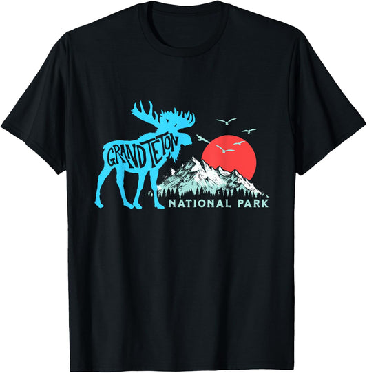 Grand Teton National Park Moose & Mountains Typography T-Shirt - T-Shirt | Black