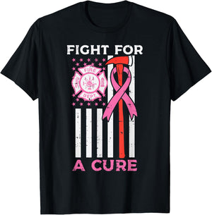Fight For A Cure Firefighter US Flag Breast Cancer Awareness T-Shirt - T-Shirt | Black