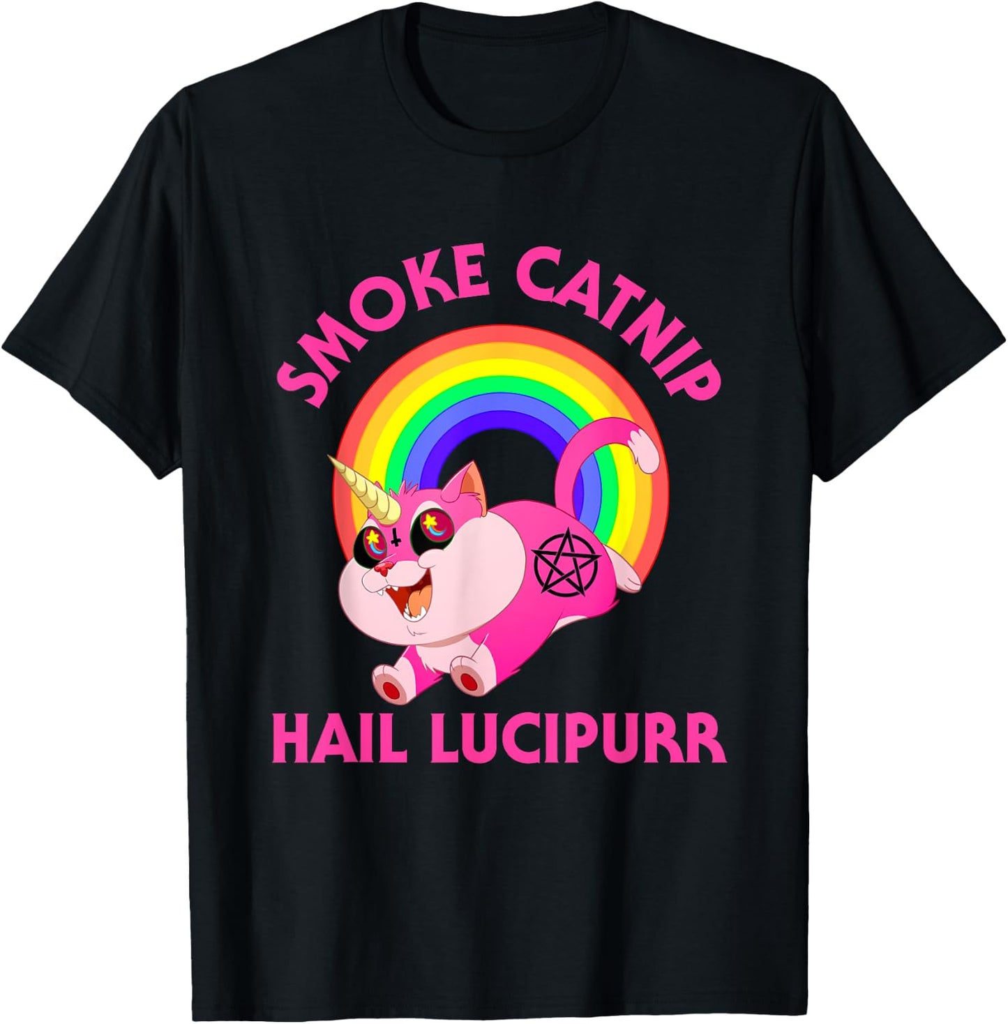 Smoke Catnip Hail Lucipurr, Funny Satan Cat Unicorn Meme Men Women Kids T-Shirt - T-Shirt | Black