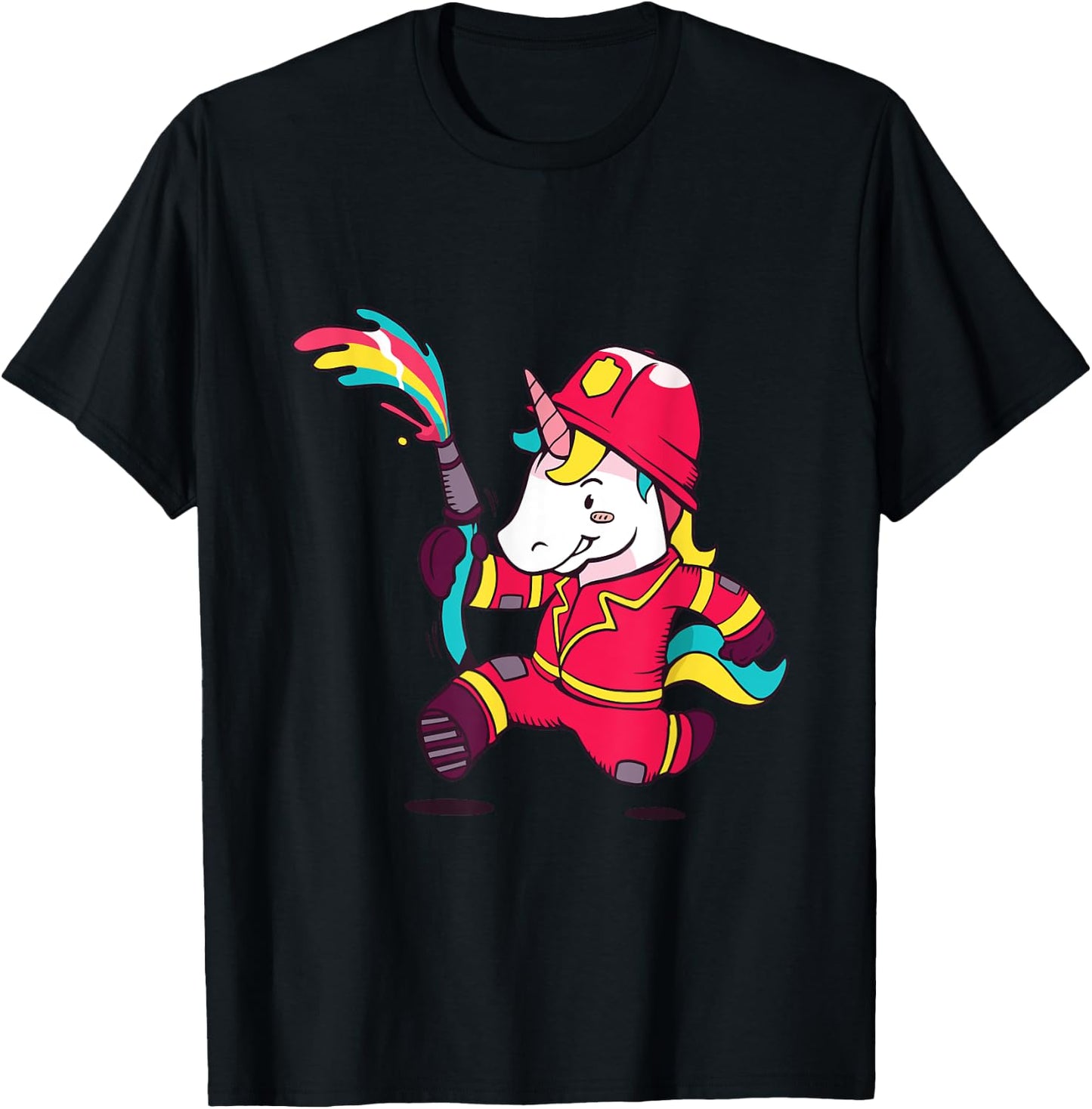 Cute Unicorn Fireman Cartoon Rainbow Unicorn T-Shirt - T-Shirt | Black
