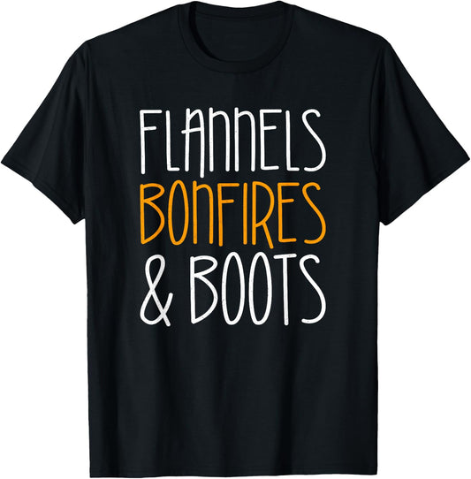 Flannels Bonfires and Boots Shirt Men Women Kids Fall Season T-Shirt - T-Shirt | Black