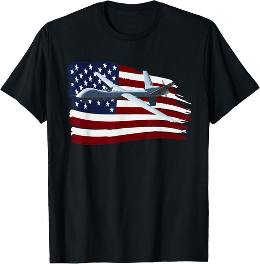 Mq-9 Reaper Drone Uav T Shirt Us Flag Usa T-Shirt - T-Shirt | Black