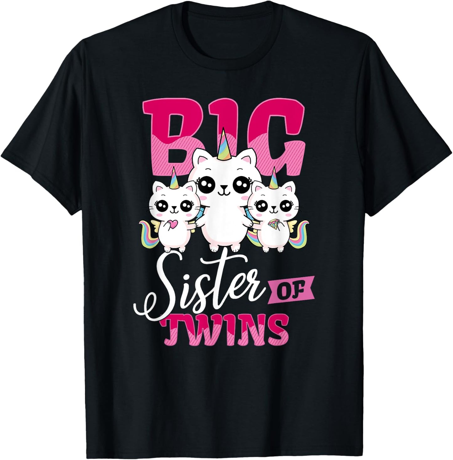 Big Sister of Twins Twin Unicorn Cats Girls Shirt T-Shirt - T-Shirt | Black