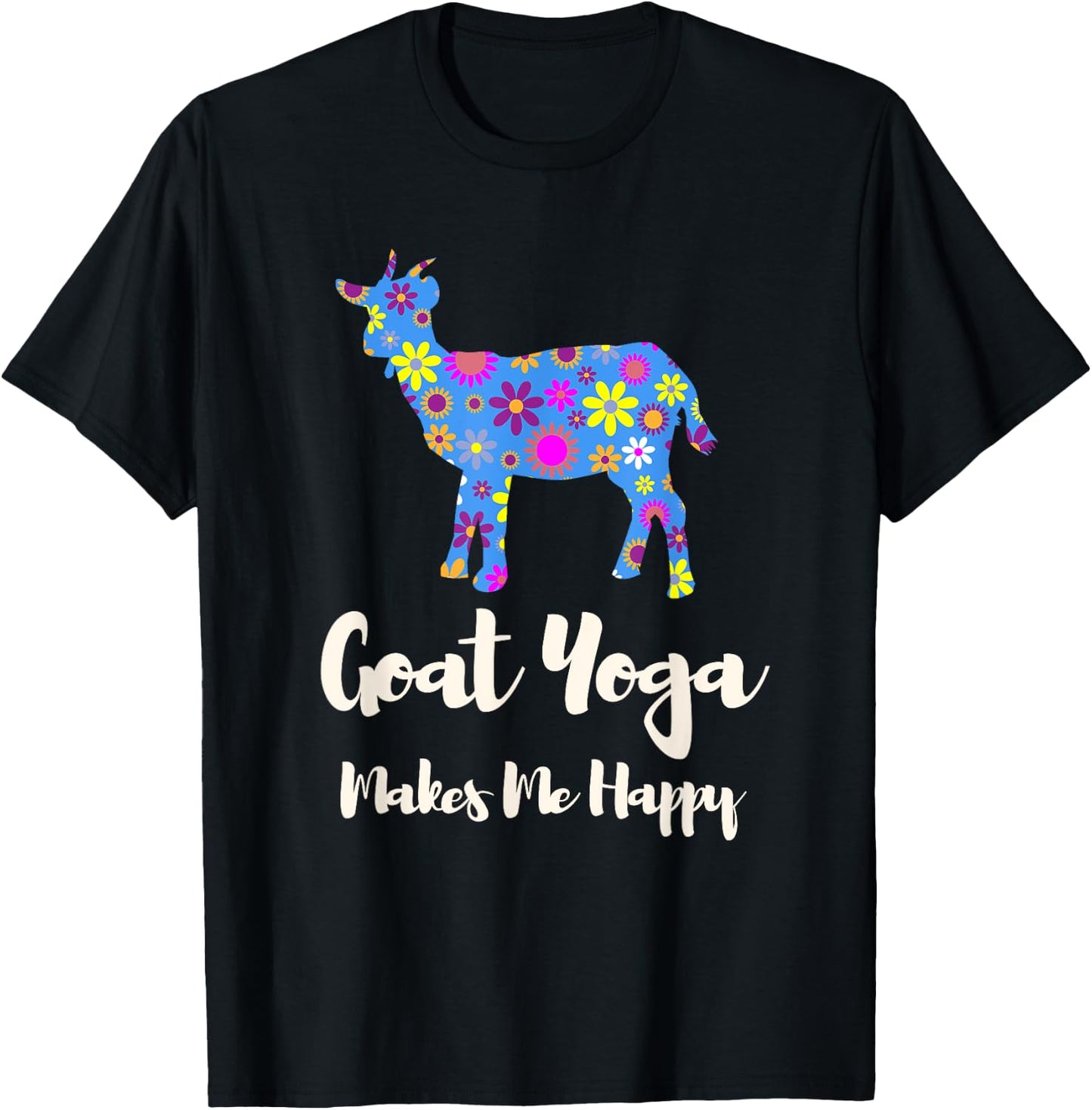 Cartba Goat Yoga Co. Cute Black Floral Goat Yoga - Women's Yoga - Small - - Short Sleeve T-Shirt - T-Shirt | Black