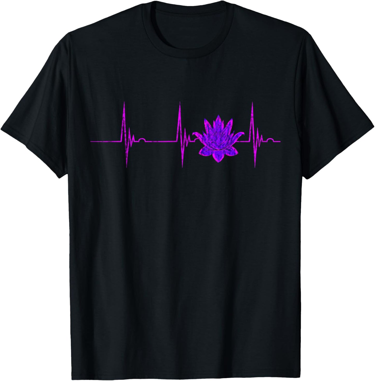 Lotus Flower Heartbeat ECG Pulse Line Meditation Yoga Namaste T-Shirt - T-Shirt | Black