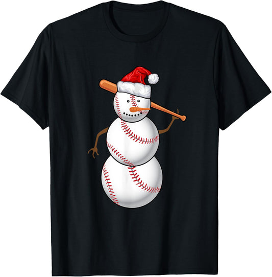 Baseball Fan Snowman Funny Christmas Gift T-Shirt - T-Shirt | Black