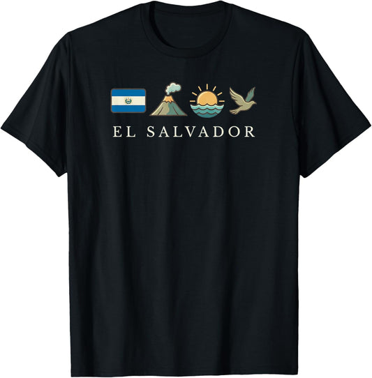 El Salvador Icons Flag Volcano Sun Bird Souvenir T-Shirt - T-Shirt | Black