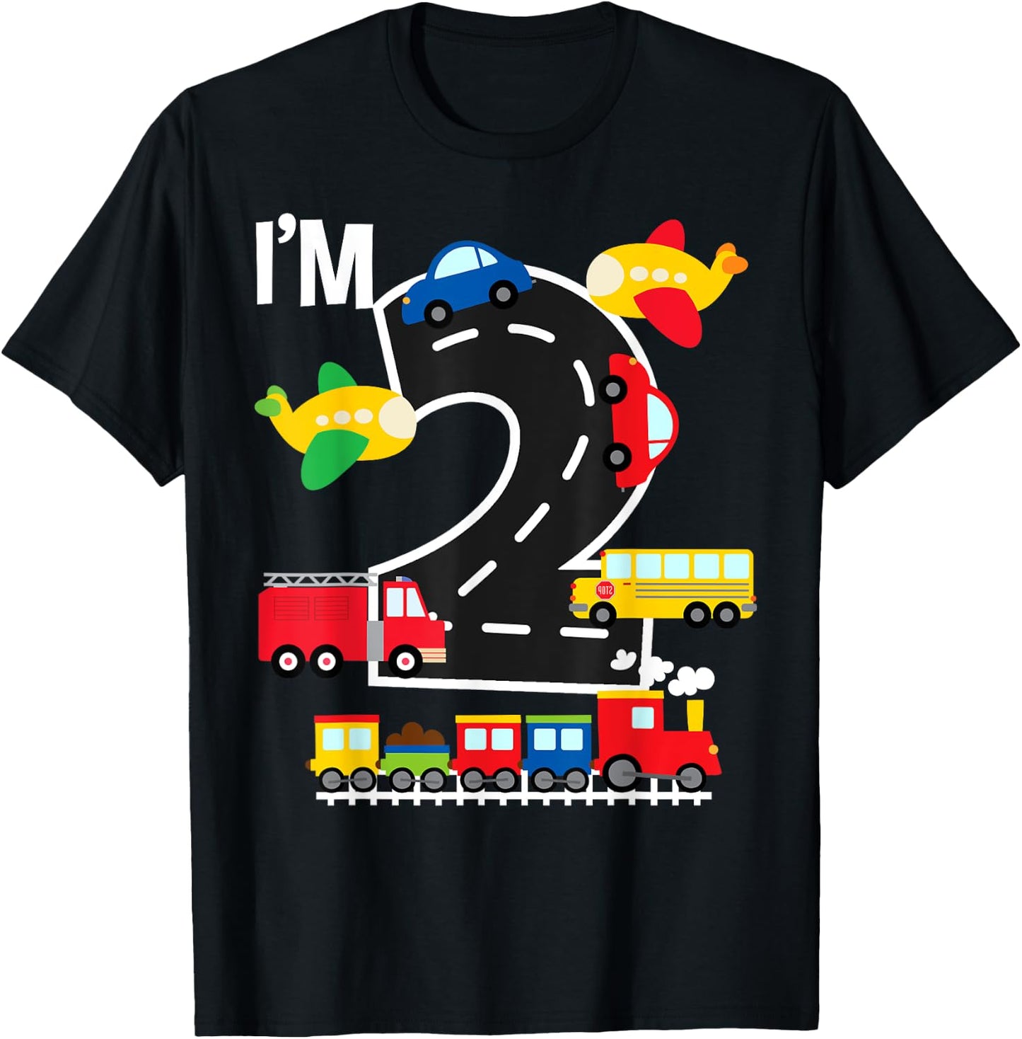 I'm 2 Birthday Boy 2nd Bday Train Car Fire Truck Airplane T-Shirt - T-Shirt | Black