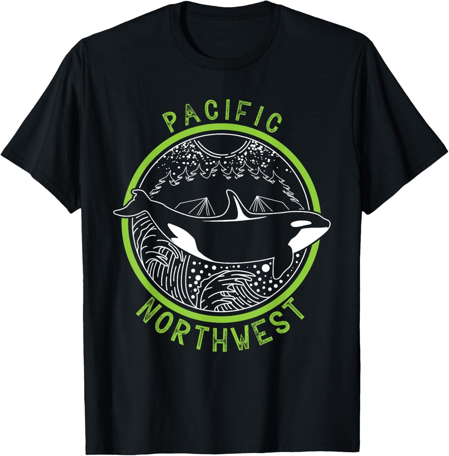 Pacific Northwest Orca Whale Tree Mountain Ocean PNW T-Shirt - T-Shirt | Black