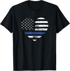 Thin Blue Line Heart Flag Police Officer Support T-Shirt - T-Shirt | Black