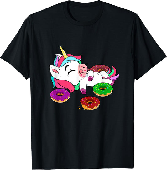 Cute Donut Eating Unicorn Gift Baking Doughnut Adult Kids T-Shirt - T-Shirt | Black