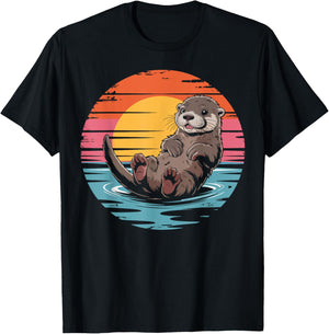 Cute Sea Otter Retro Ocean Animal Nature Gifts Women T-Shirt - T-Shirt | Black