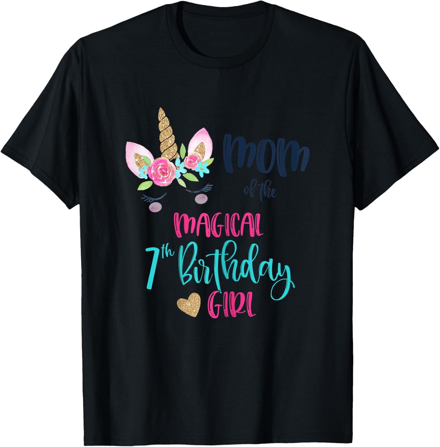 Unicorn Mom of the 7th Birthday Girl Shirt Matching Mama T-Shirt - T-Shirt | Black