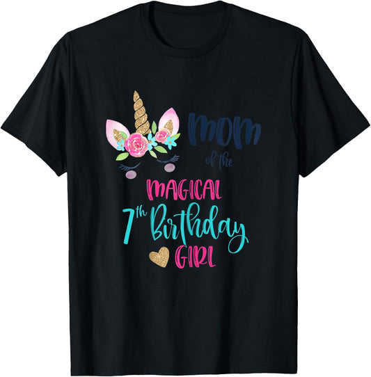 Unicorn Mom of the 7th Birthday Girl Shirt Matching Mama T-Shirt - T-Shirt | Black