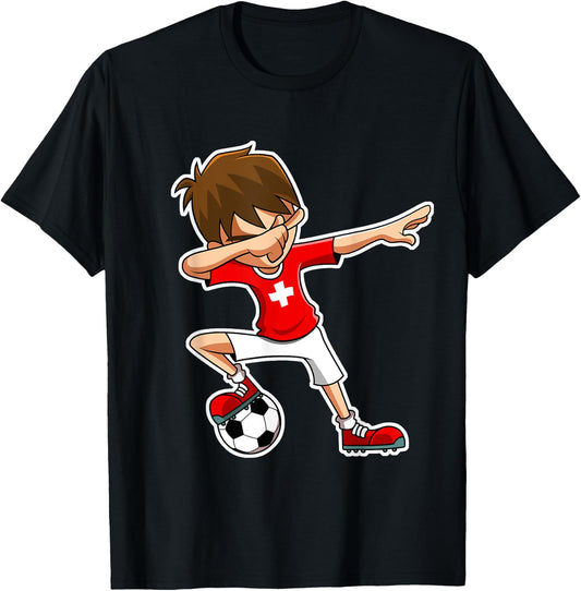 Dabbing Soccer Boy Switzerland Jersey, Swiss Kids Dab Gifts T-Shirt - T-Shirt | Black