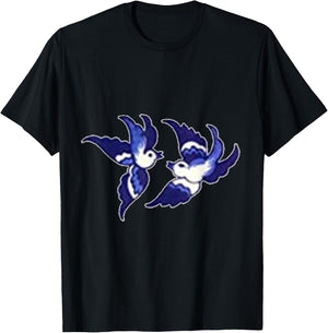 Classic Blue Willow Bird Design T-Shirt - T-Shirt | Black