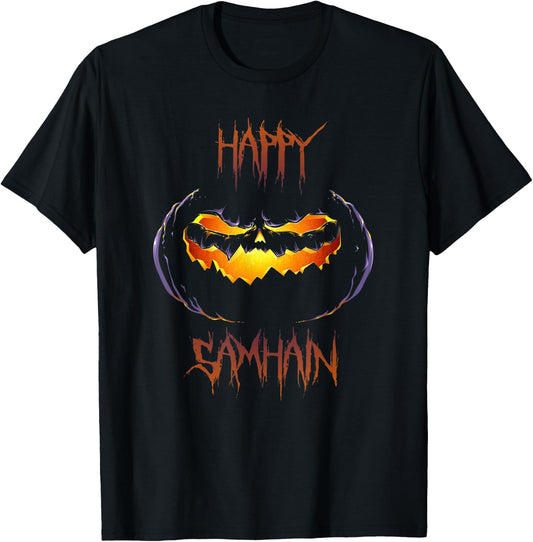 Happy Samhain Scary Jack O Lantern Halloween T-Shirt - T-Shirt | Black