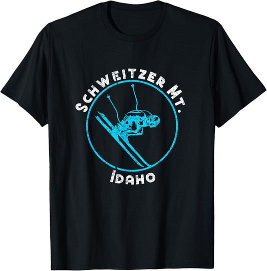 Schweitzer Mt. Idaho ID Downhill Skier Distressed Retro T-Shirt - T-Shirt | Black