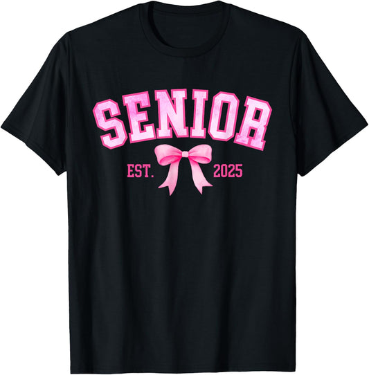 Senior 2025 Coquette Class of 2025 Pink Bows Retro T-Shirt - T-Shirt | Black