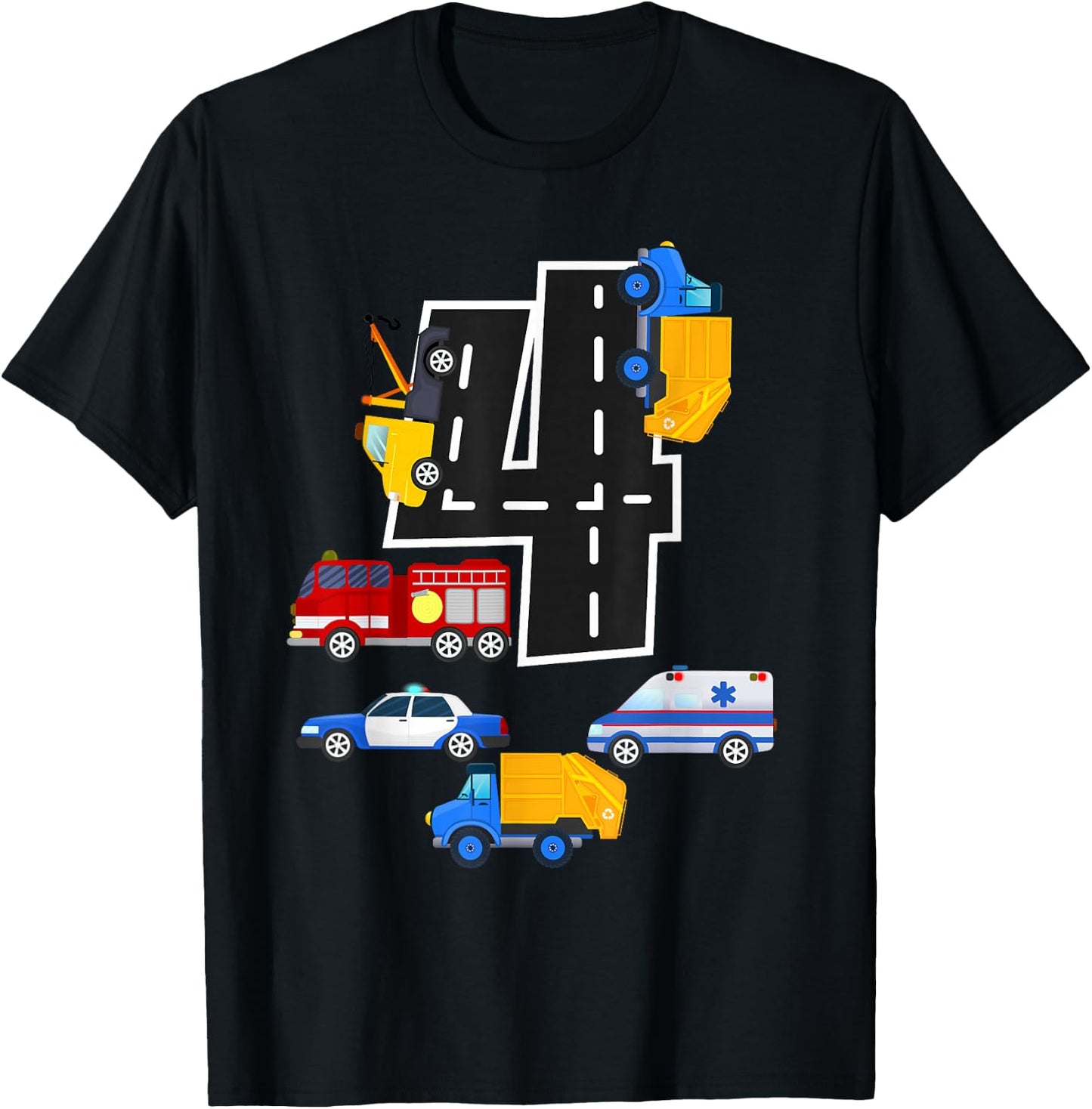 4th Birthday Boys Fire Truck Police Car 4 Year Old T-Shirt - T-Shirt | Black