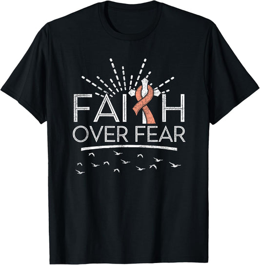 Faith over Fear Peach Ribbon Uterine Cancer T-Shirt - T-Shirt | Black