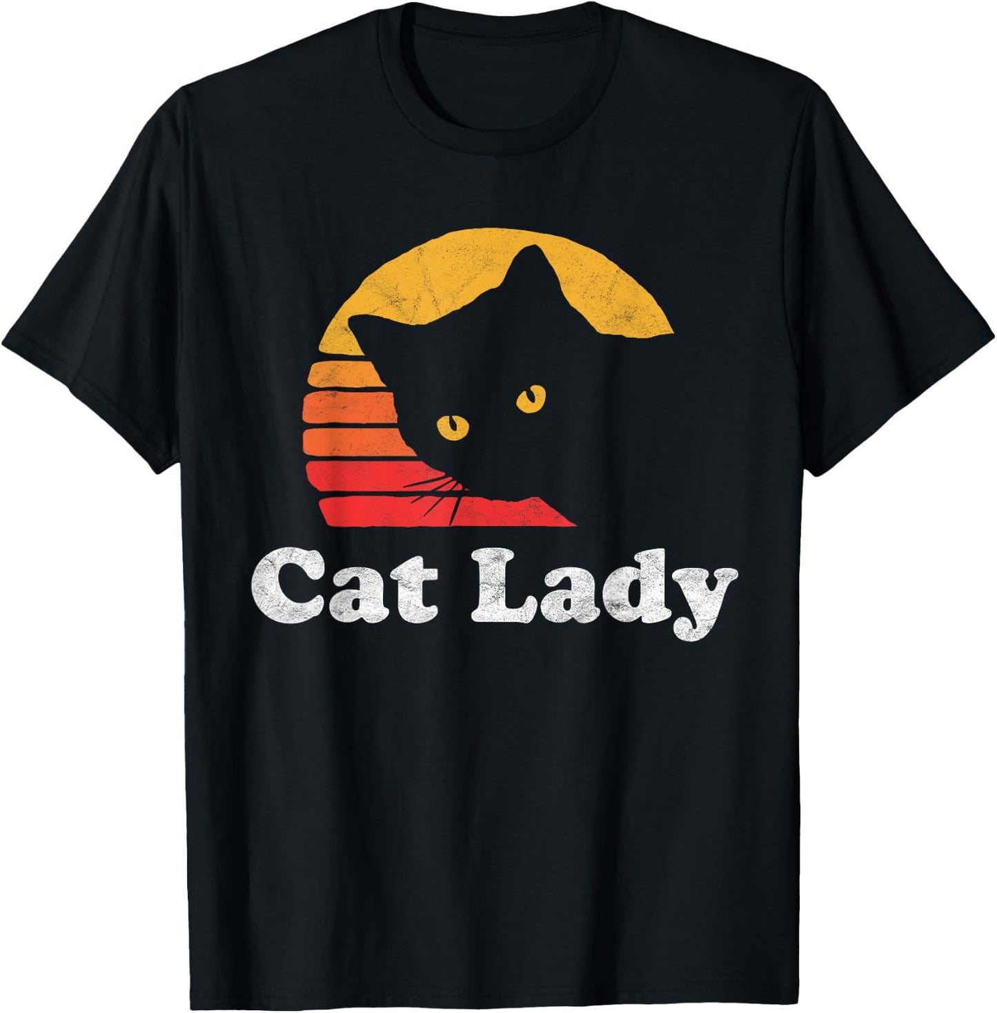 Vintage Retro Style Cat Lady 80's Sun Distressed Funny T-Shirt - T-Shirt | Black
