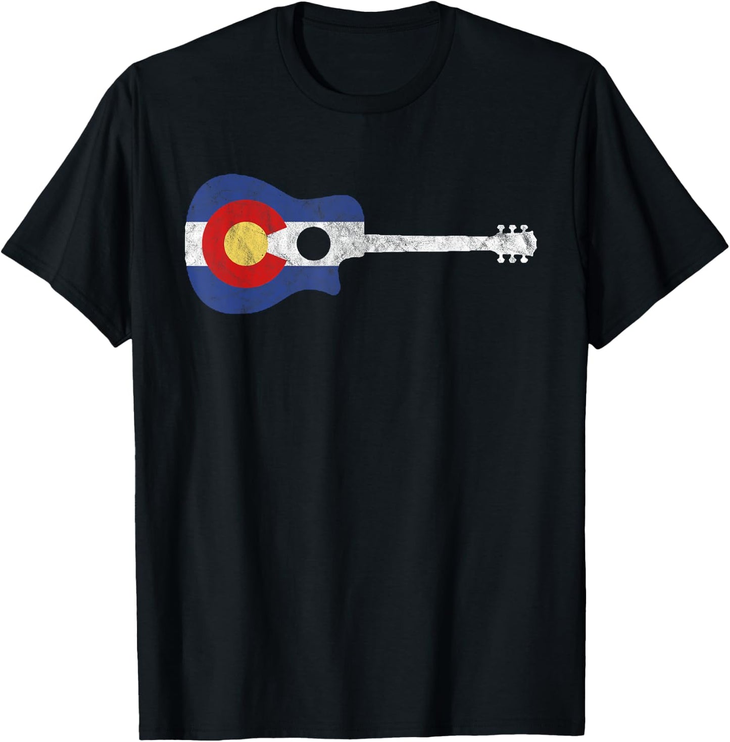 State Flag of Colorado Music - Distressed Acoustic Guitar T-Shirt - T-Shirt | Black