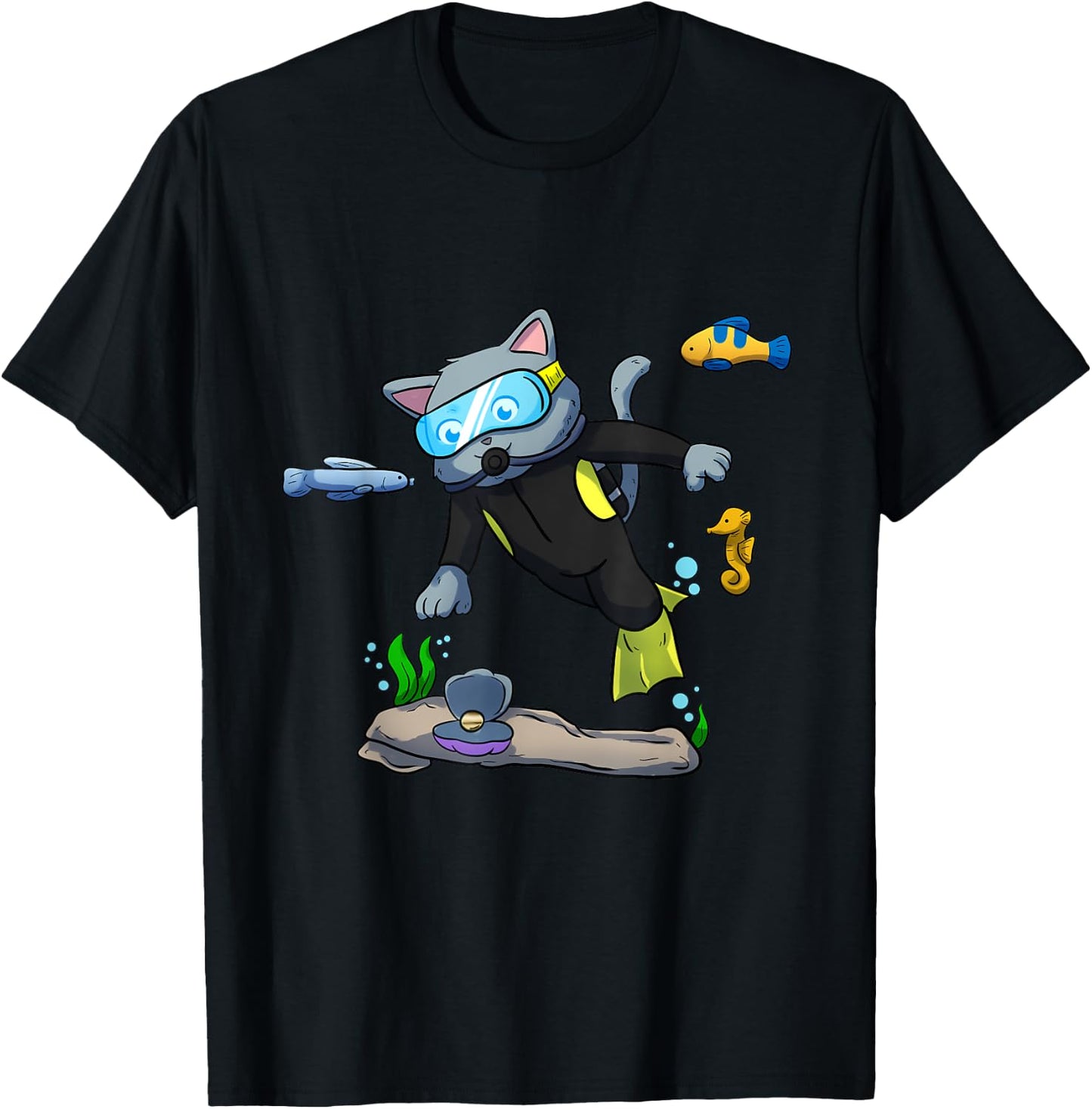 Scuba Diving Snorkeling Cat Sea Shell Mussel Dive T-Shirt - T-Shirt | Black