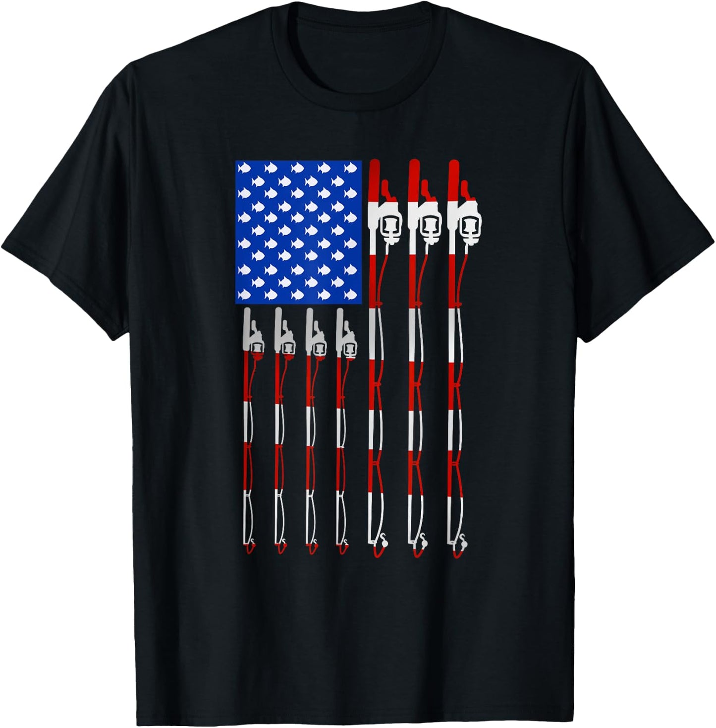 Patriotic Fishing American USA Flag Fishing Pole Women Kids Men T-Shirt - T-Shirt | Black