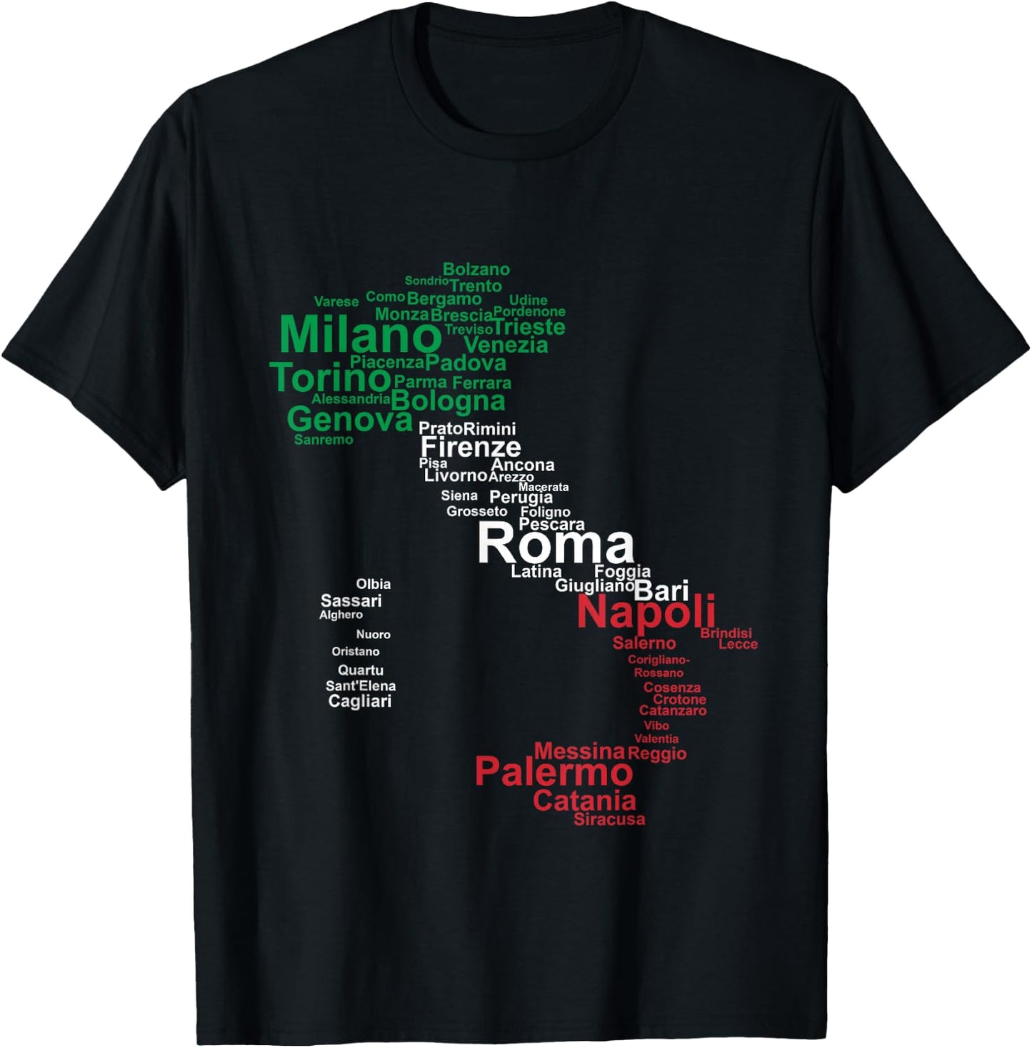 Italy Map Silhouette Flag Towns Cities Rome Travel Europe T-Shirt - T-Shirt | Black