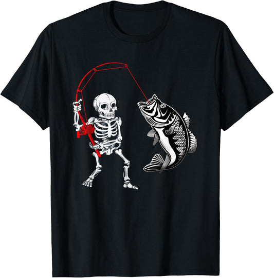 Skeleton Fishing Halloween Bass Fisherman T-Shirt - T-Shirt | Black