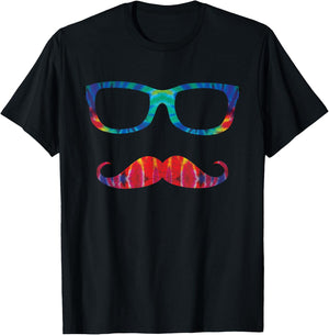 Tie Dye Glasses & Mustache Novelty Retro Hipster T-Shirt - T-Shirt | Black