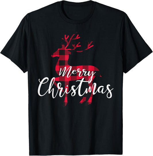 Black and Red Buffalo Plaid Rustic Deer Merry Christmas T-Shirt - T-Shirt | Black