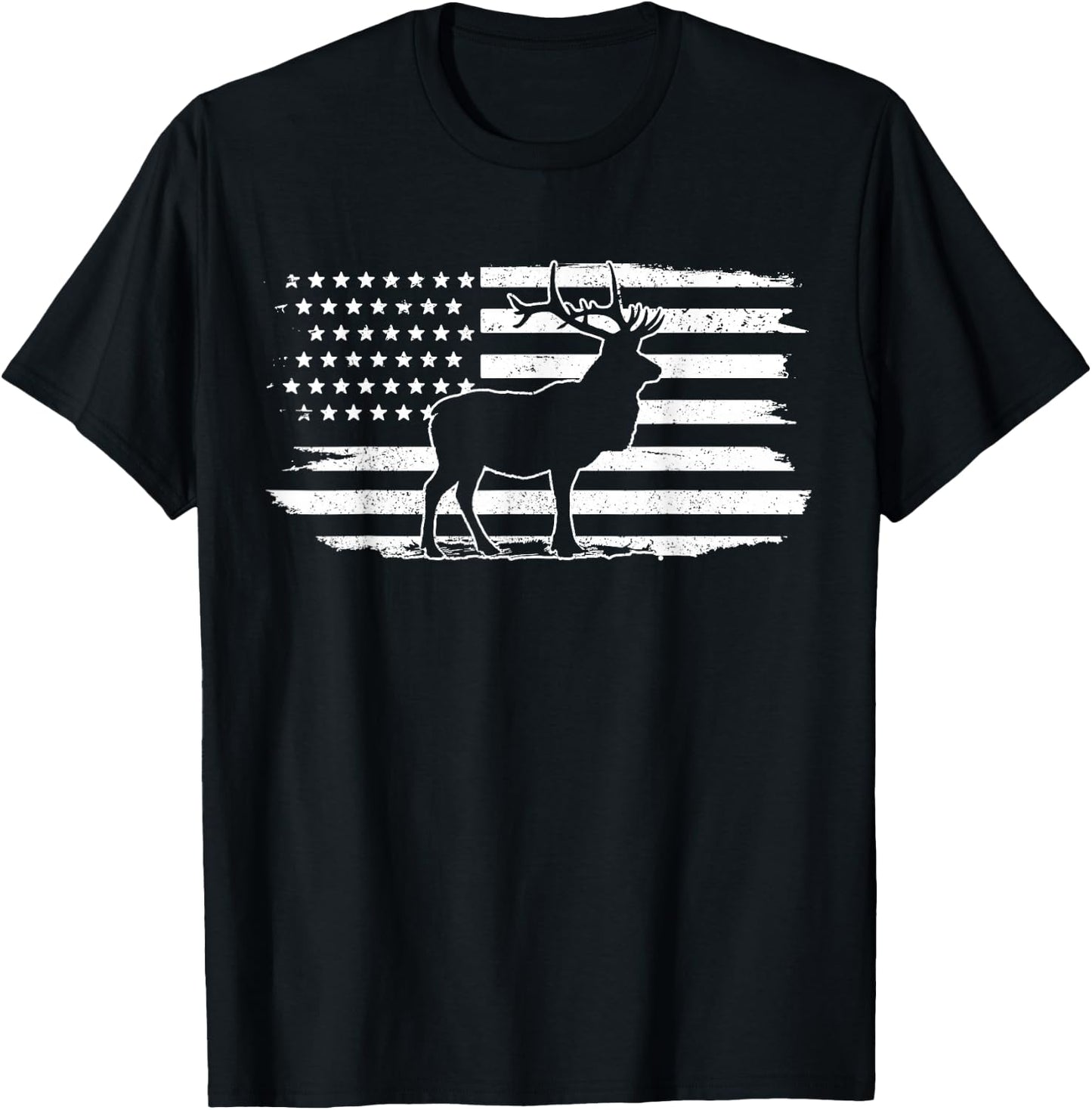 Elk American Flag Buck Deer Hunting Patriotic Hunter Gift T-Shirt - T-Shirt | Black