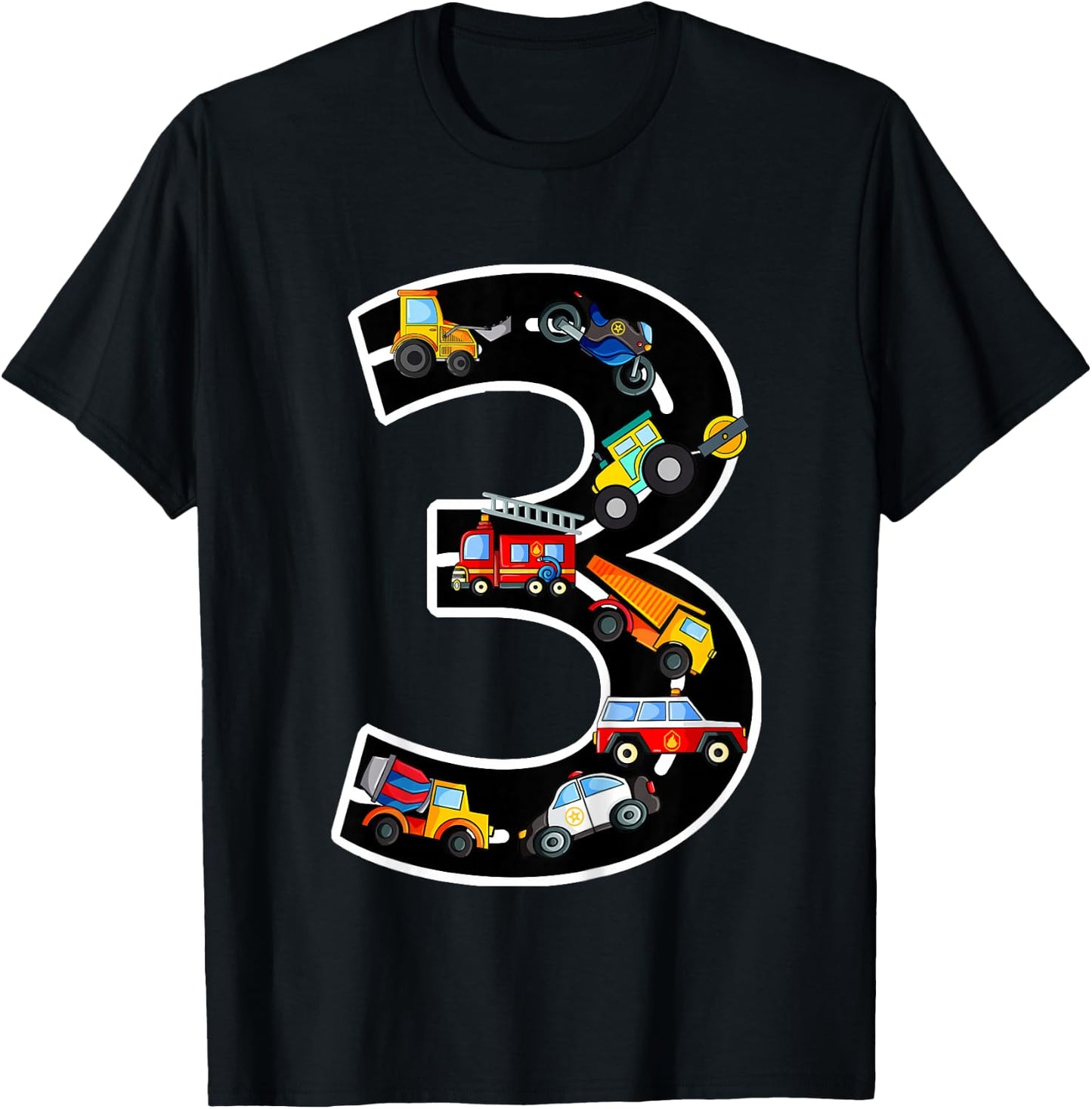 3rd Birthday Boys Cars Vehicles 3 Years Birthday T-Shirt - T-Shirt | Black