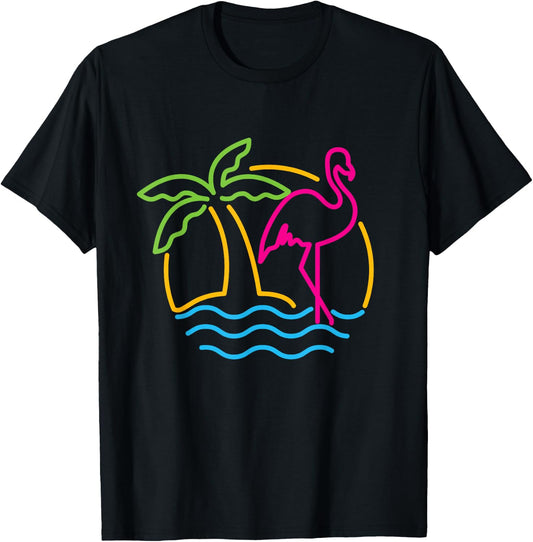 80s Vintage Miami Retro Neon Pink Flamingo T-Shirt - T-Shirt | Black