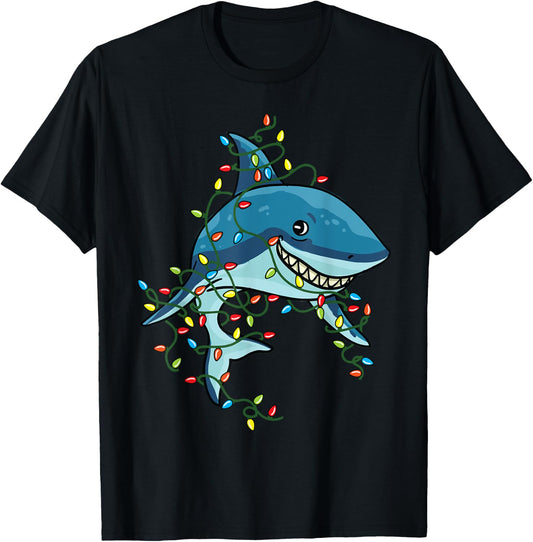 Shark Tangled Up in Christmas Lights Santa Gift T-Shirt - T-Shirt | Black