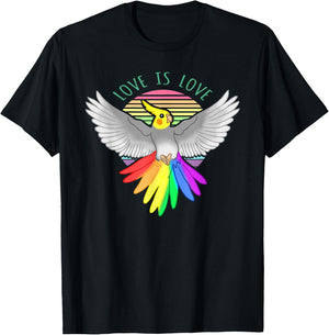 Love is Love Birb Parrot Pet Pride Month Rainbow Cockatiel T-Shirt - T-Shirt | Black